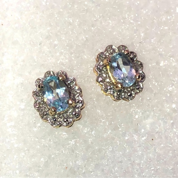 Sterling Silver Gold Plated Oval Sky Blue Topaz Studs w Diamond Accents 10mm - Picture 1 of 5